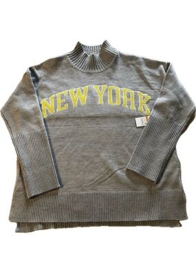 DKNY NEW YORK Gray Knit Pullover Sweater with Yellow Lettering